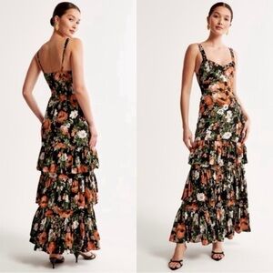 Abercrombie & Fitch Floral Tiered Ruffle Maxi Dress Black Size Small Petite